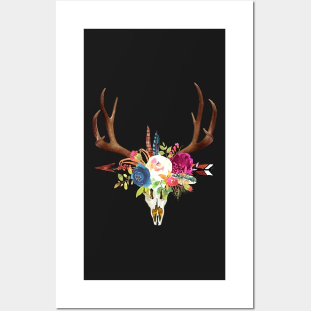 Boho Stag Skull+Horn Watercolor Flowers Wall Art by PixDezines